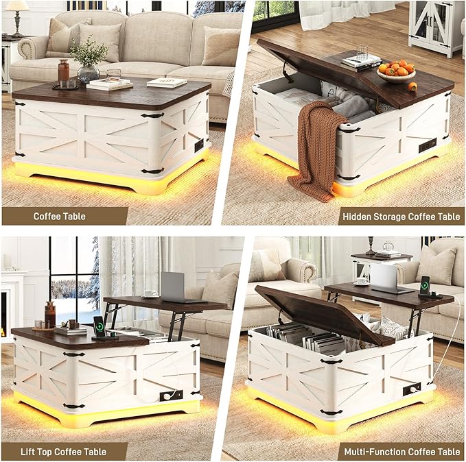 36" Farmhouse LED Lift Top Coffee Table with Storage and Power Outlets, Square Wood Living Room Tables with LED Lights & Large Hidden Space, Lift Wooden Barn Door Center Table, Rustic White