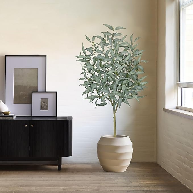 Artificial Eucalyptus Tree in White Pot – 5FT Faux Indoor Plant for Home Décor, Modern Greenery for Living Room, Bedroom, Office – Realistic Silk Leaves, Minimalist Planter
