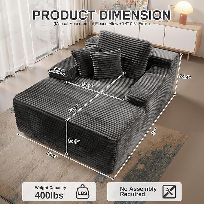 Chaise Lounge Chair Indoor, 67" Oversized Comfy Plush Fur Sleeper Sofa Bed, Boneless Upholstered Recliner Bed with Pillows and Wide Armrests, Modern Cloud Couch for Living Room, Grey