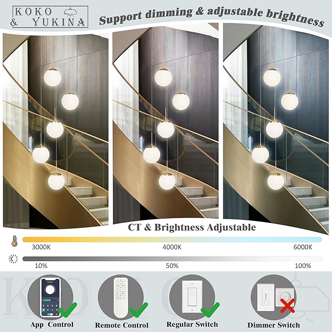 KoKo&Yukina 5-Light Globe Glass Pendant Light Adjustable Length Pendant Lights Fixtures Modern Gold Chandelier with Milky White Glass Ceiling Lights for Foyer Hallway Bedroom (Bulb & Remote Incl.)