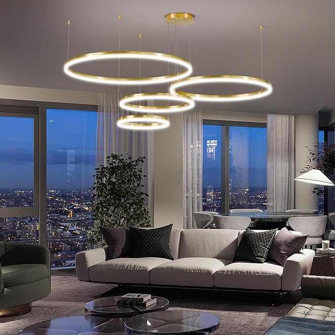 4 Rings Gold Modern LED Chandelier, Circular Dimmable Pendant Light with Remote Control, Adjustable Hanging Ceiling Lighting Over Table for Living Room, Dining Room, Foyer, Kitchen Island