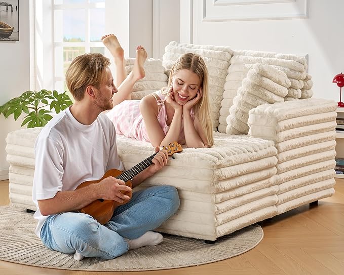VanAcc 53 Inch Chaise Lounge Indoor, Upholstered Sofa Bed with Throw Pillows and Armrests, Sleeper Chair- Plush Chair Bed for Living Room, Off-White