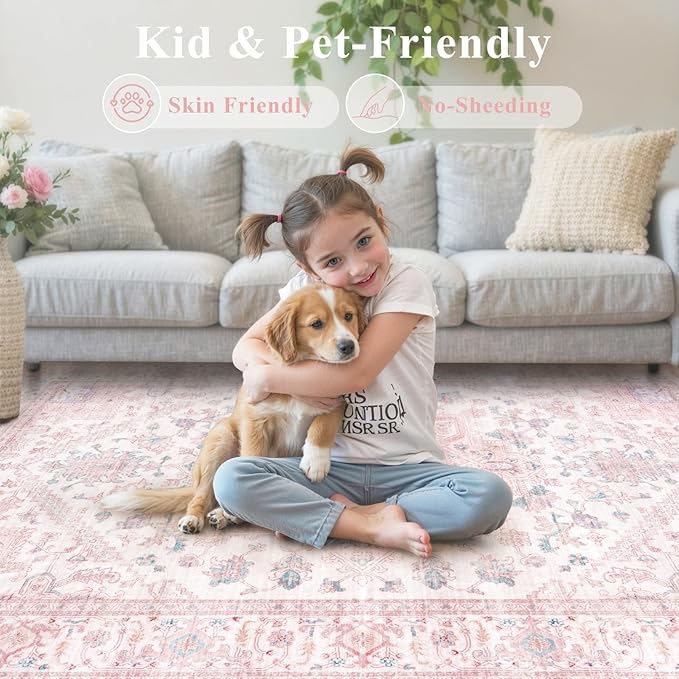 LIVEBOX Pink Washable Area Rug 5x7 - Large Vintage Tribal Living Room Non-Slip Indoor Carpet for Bedroom, Low-Pile Retro Print Distressed Accent for Nursery Dorm Home Decor