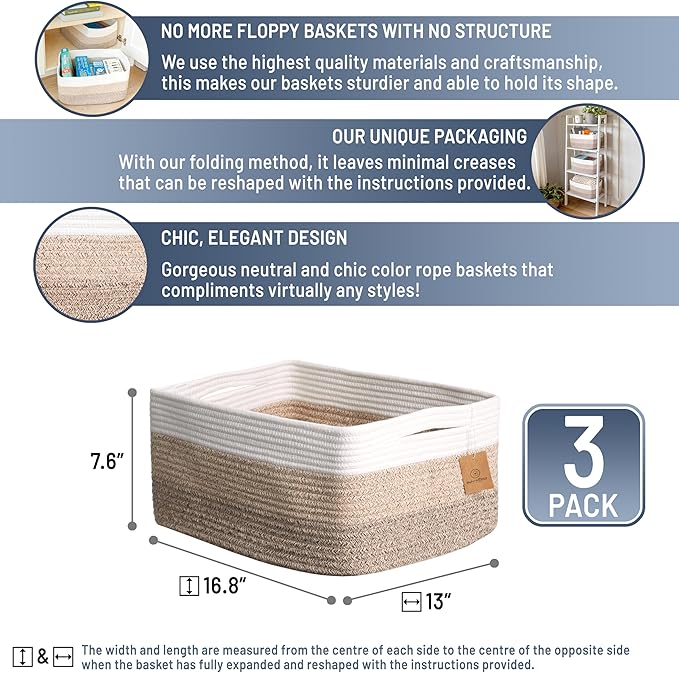NaturalCozy Storage Baskets 16.8”x13”x7.6” Cotton Rope Woven Baskets for Organizing 3-Pack | Toy Storage Bins | Basket for Shelves, Laundry, Blanket, Clothes, Closet, Kitchen, Bathroom, Gifts