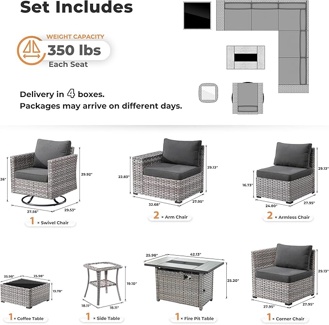 ovios 9 Pieces Patio Furniture Set, Outdoor Wicker Sectional Sofa with 42" Fire Pit Table Swivel Chair, Modern Modular Deep Seat Rattan Couch Conversation Sets, Black