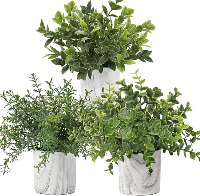 Hollyone Mini Artificial Potted Plants Fake Plants in Marble Pots, 1Pcs Plastic Eucalyptus Greenery Faux Plants for Home Office Desk Room Centerpiece Shelf Décor