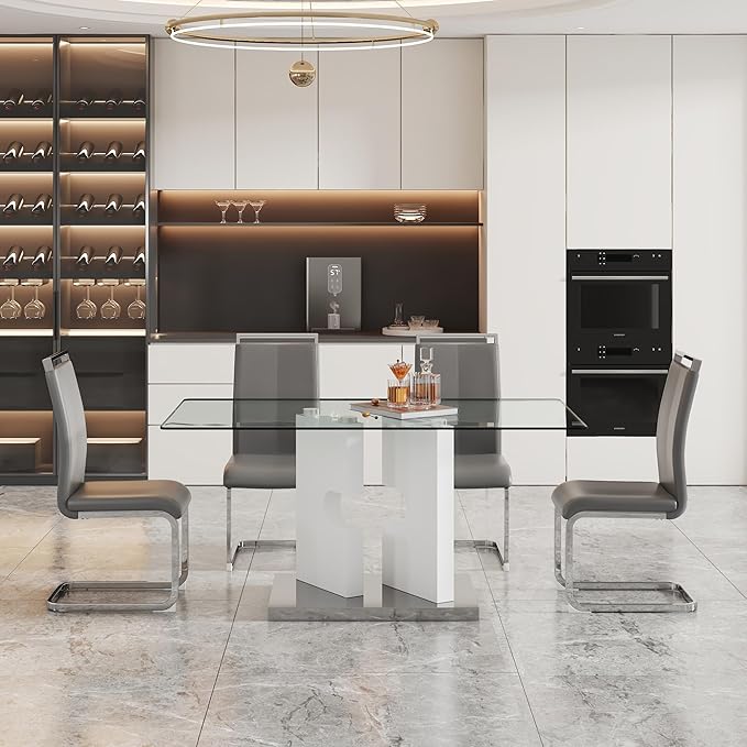 Glass Dining Table Set of 4, 63" Dinner Room Glass Table Set for 4, Modern Kitchen Dinner Table Set with 4 Upholstered Faux Leather Dining Chairs for Living Dining Office Room