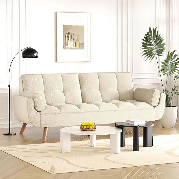 Futon Couch for Small Spaces & Apartment, 2-in-1Modern Comfy Loveseat Convertible Sofa Bed, 75.4-Inch Compact Design for Living Room, Dorms, and Studios-Beige