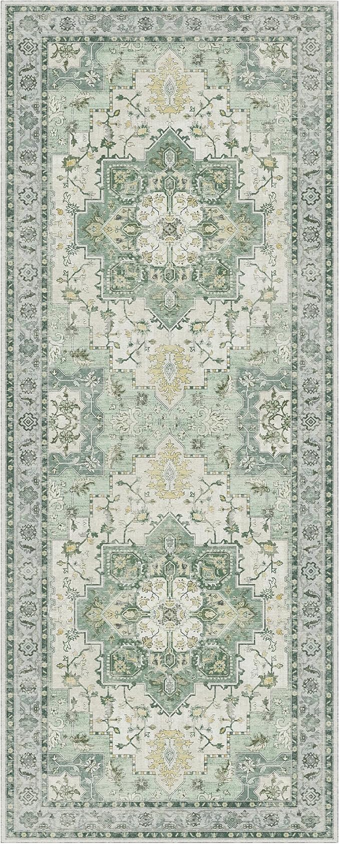 GENIMO 3x5 Area Rugs for Living Room, Machine Washable Non Slip Vintage Rugs, Low Pile Lightweight Chenille Print Rug for Bedroom, Dining Room, Home Office, Green