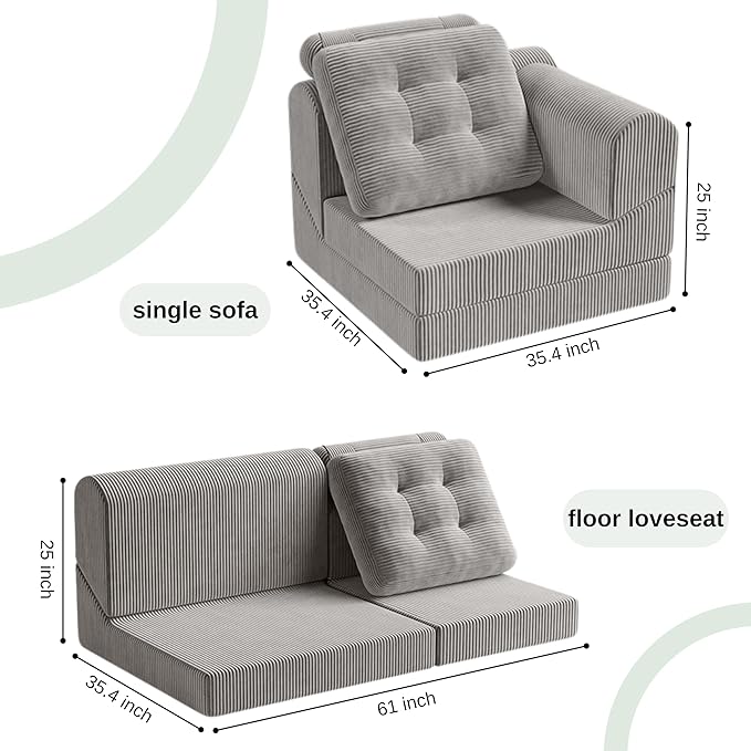 COMAX Folding Sofa Bed, 8-in-1 Foldable Floor Couch Corduroy Convertible Futon Sofa, Fold Out Chair Bed Sleeper Mattress Comfy Portable Lounge Loveseat Guest for Living Room Bedroom, Light Grey