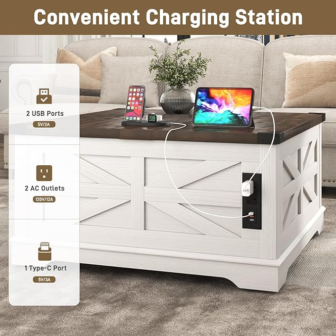 36" Farmhouse Movable Lift Top Coffee Table with Storage and Power Outlets, Square Wood Living Room Tables with Wheels&Large Hidden Space, Lift Wooden Barn Door Center Table, White