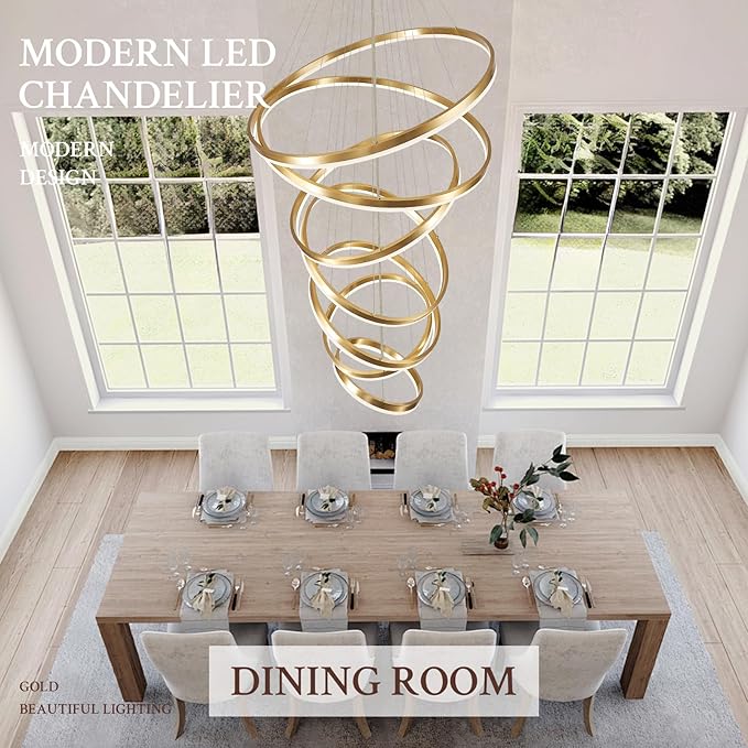 7-Rings D31.5’’ Modern LED Chandelier Gold Dimmable High Ceiling Chandeliers Foyer with Remote Control for Staircase Entryway Dining Room Living Room, 3000K-6500K