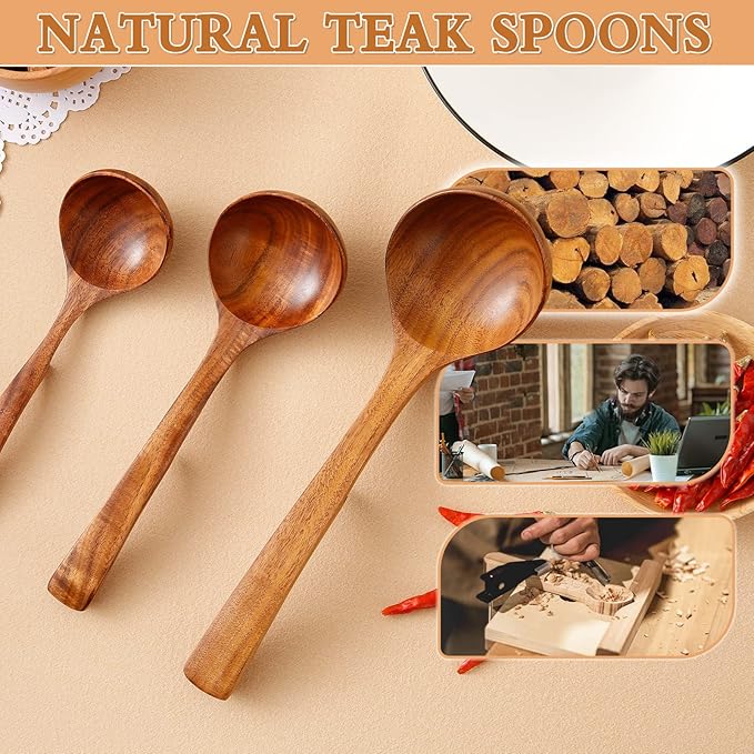 Wooden Ladle for Soup, 3Pcs (S/M/L) Wooden Spoons for Cooking, Non-Stick Wooden Spoon, Natural Teak Wood Cooking Spoons, Kitchen Utensils set
