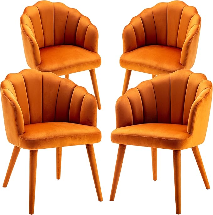 Velvet Dining Chairs Set of 4 Modern Accent Chairs Upholstery Side Chairs with Upholstered Wood Legs for Home Kitchen Living Room, Orange