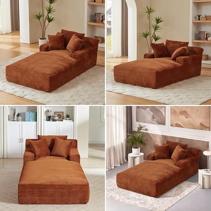 78.7” Chaise Lounge Chair Indoor, Corduroy Upholstered Boneless Sofa Bed with Throw Pillows, Comfy Lounge Sleeper Sofa with Deap Seat for Living Room Bedroom, No Assembly Required, Orange