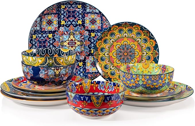 Sweejar Ceramic Dinnerware Sets for 4,12 Pieces Boho Plates and Bowls for Kitchen,Housewaring Gift,Bohemian Style Dish Set,Dishwasher and Microwave Safe(Colorful)
