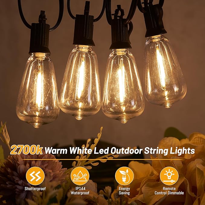 100FT Dimmable Waterproof Outdoor String Lights with Remote, 52 Shatterproof ST38 Vintage Edison Bulbs for Porch, Deck, Garden, Backyard, Balcony