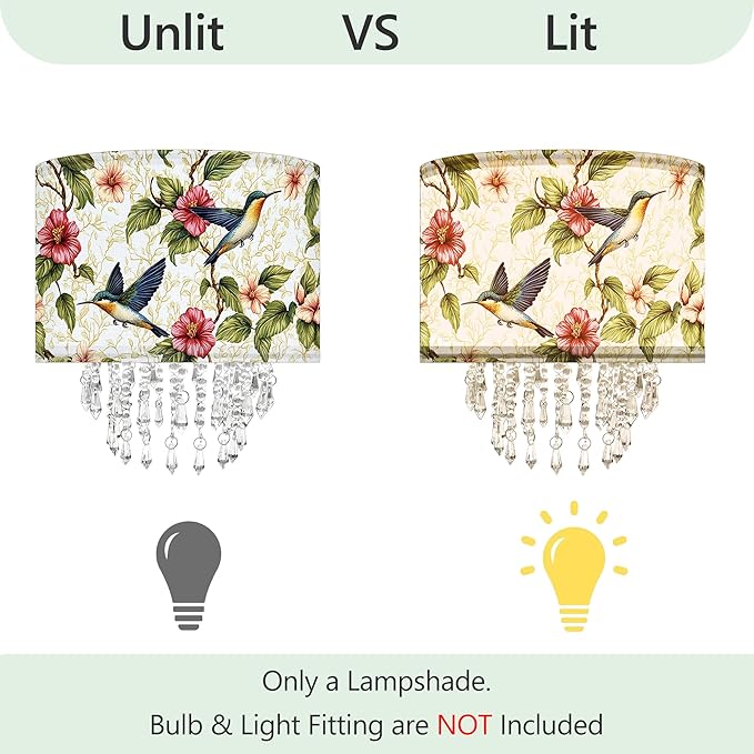 Star Vision Hummingbird Floral Drum Fabric Lampshade with Acrylic Beaded Droplets, Natural Botanical Light Shade for Pendant Table Wall & Floor Lamps, Garden-Themed Bedroom Living Room Entryway Décor
