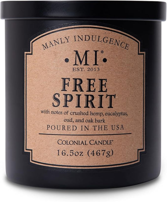 Manly Indulgence Free Spirit Scented Candles for Men, 16.5 oz Single Wick, Premium Soy Blend Wax, 60H Burn, Candles for Home Scented – Made in The USA