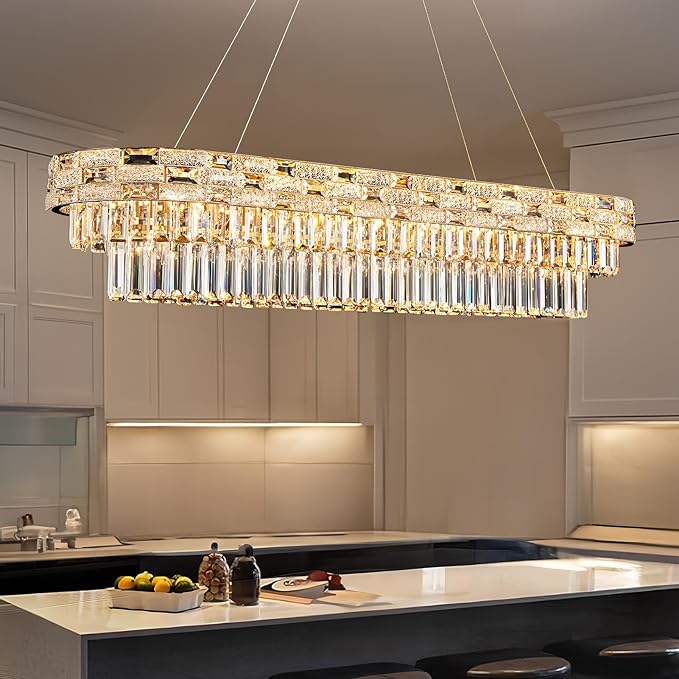 49.2" L Modern Crystal Chandeliers for Dining Room 18 Lights Gold Chandelier Large Rectangle Crystal Chandelier Pendant Light Fixture Kitchen Entryway Living Room 49.2" L x 8.7" H