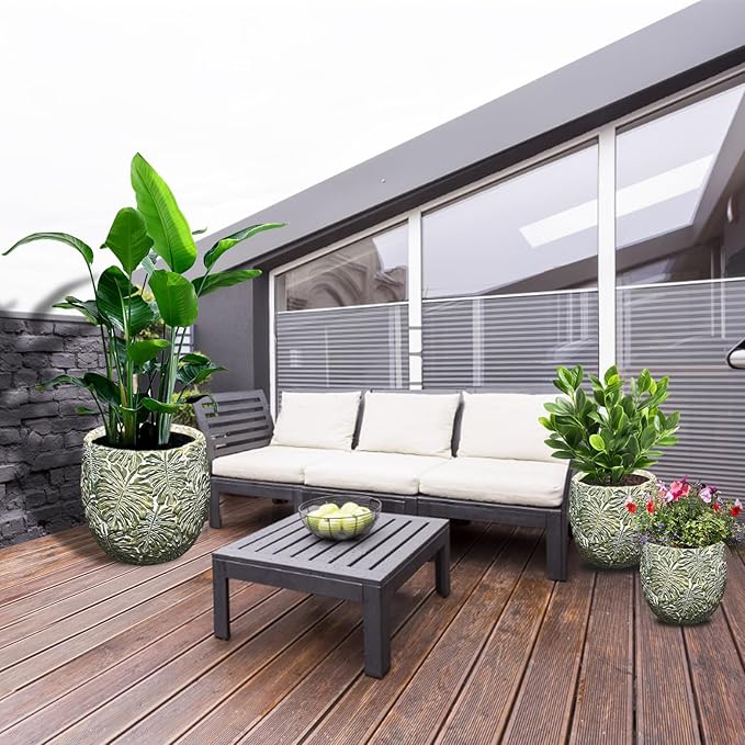 Craft flowerpots 18"+13"+9" Dia Round Concrete Planter Set of 3 Large Outdoor/Indoor Planter Pots Containers with Drainage Holes and Rubber Plug for Home Garden (Green, Large)