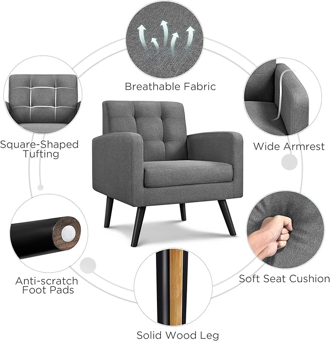 Yaheetech Mid-Century Accent Chairs, Modern Upholstered Living Room Chair, Cozy Armchair Button Tufted Back and Wood Legs for Bedroom/Office/Cafe, Set of 2, Gray