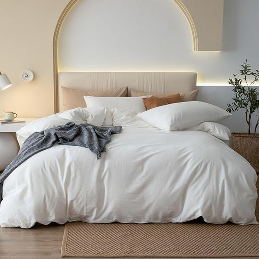 JIYUAN 100% Washed Cotton Duvet Cover Set 3 Pieces Super King, 1 Duvet Cover 108x98 Inches(Comforter Not Included) and 2 Pillowcases,Linen Feel Bedding Set Comfy and Breathable,Off White