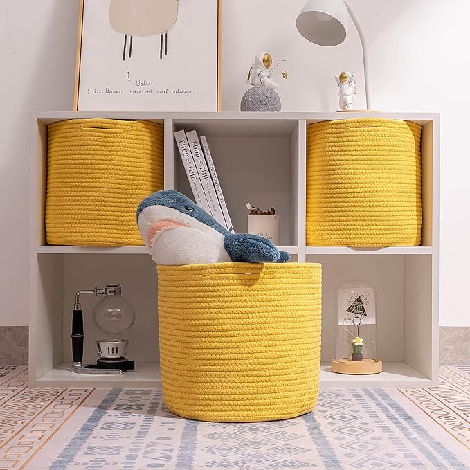 voten Round Storage Cubes Baskets Bins Organizer 11x11x11'' Fit 12x12'' Cube Storage Organizer Bookcases Shelf, Durable Woven Cotton Rope Basket, 3Pack Yellow