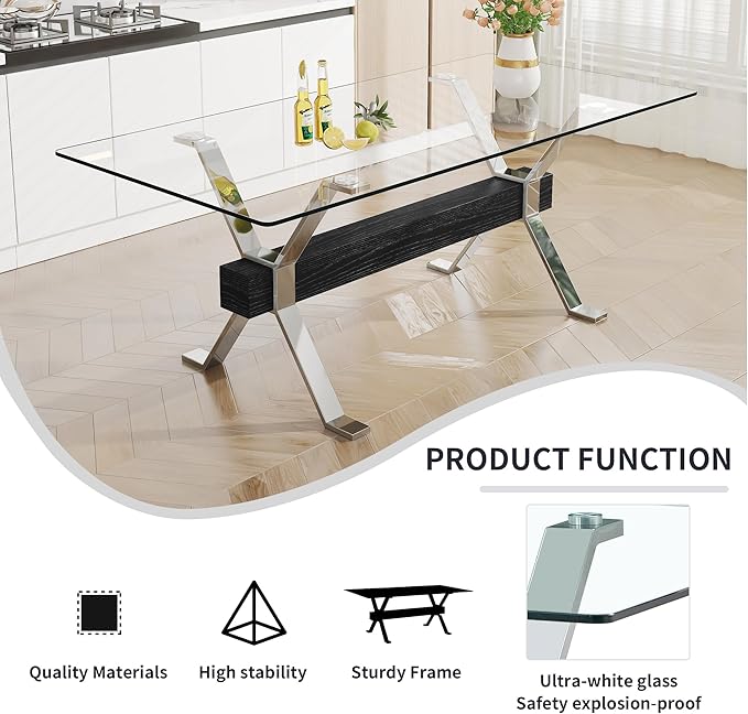 9 Piece Glass Dining Table Set, 79" Modern Dining Table Set for 8, 0.5" Thick Tempered Glass Tabletop with Silver Chrome Metal Legs and Black Crossbar, 8 PU Chairs for Dining Room, Kitchen
