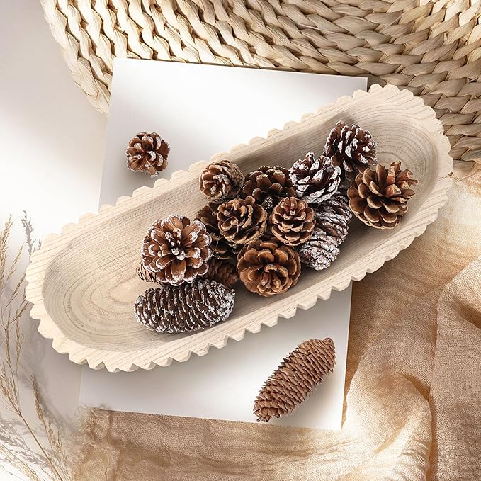 Wooden Decorative Dough Bowl for Home Decor, Unique Centerpiece Bowl, Wood Bowl with Hand Carved Vertical Stripes, Home Decor Accents for Farmhouse Boho Rustic Style (16.3"x 6" Light Wood Color)