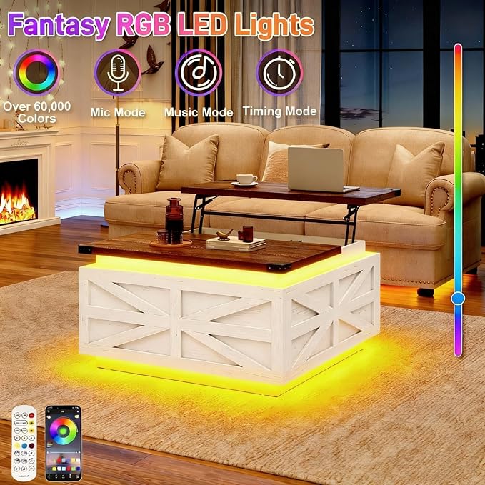 36" Farmhouse LED Lift Top Coffee Table with Storage and Power Outlets, Square Wood Living Room Tables with 2 LED Lights& Large Hidden Space, Lift Wooden Barn Door Center Table, Rustic White