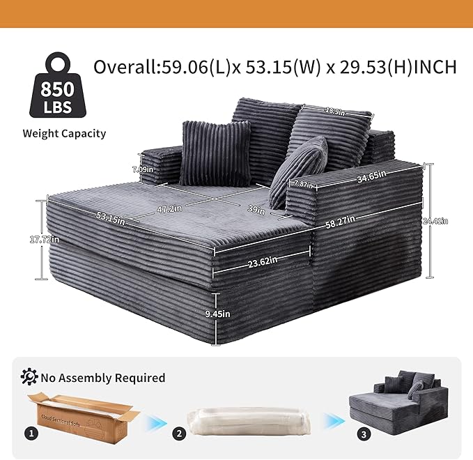 59" Chaise Lounge Chair Indoor - Oversized Comfy Corduroy Upholstered Sleeper Sofa with 4 Pillows & Armrests, Deep Seat Reading Chair Couch for Living Room, No Assembly Required - Dark Gray
