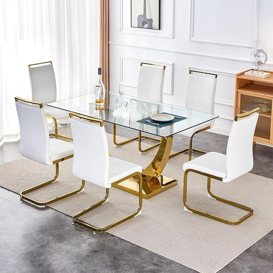 63” Glass Dining Table Set for 6,Gold Dining Room Table Set for 6,Modern Kitchen Table and PU Leather Chairs for 6, Dinner Table with Rectangle Tempered Glass Top and Golden Base