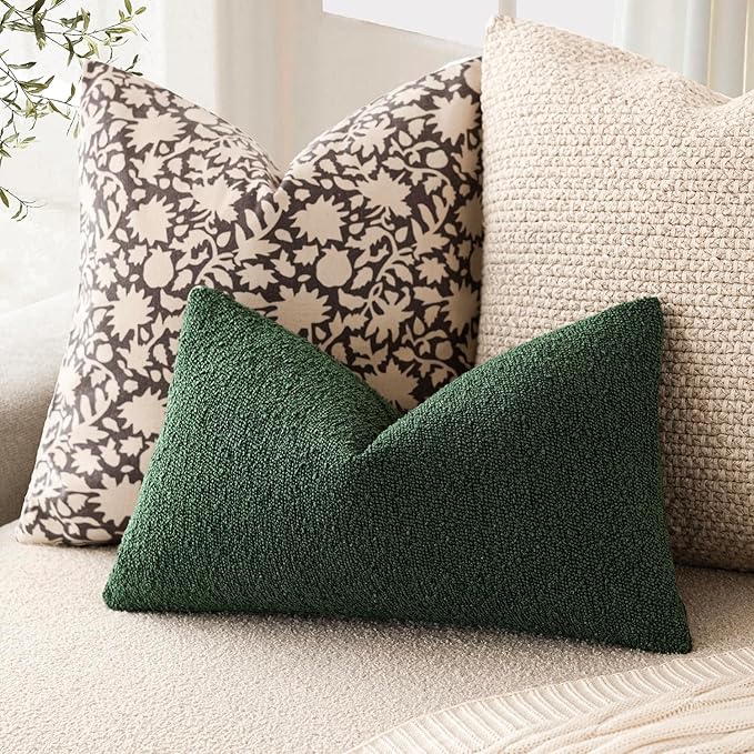 Foindtower Pack of 2 Textured Boucle Throw Pillow Covers Accent Solid Decorative Lumbar Pillow Cases Soft Couch Cushion Case for Chair Sofa Bedroom Living Room Home Decor 12x20 Inch Pine Green