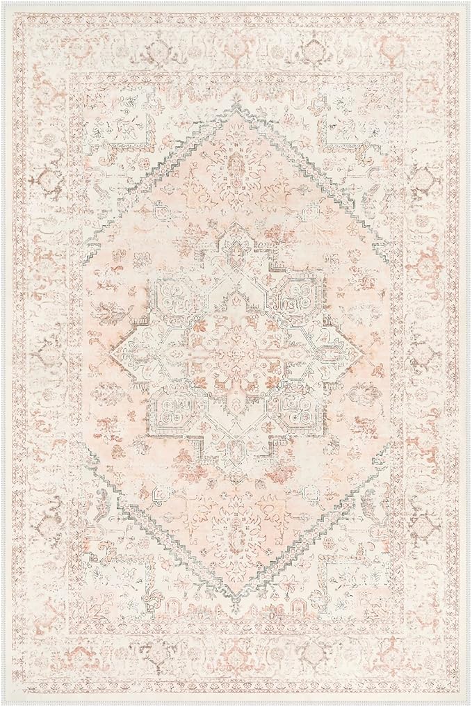LIVEBOX Large Vintage Area Rug 6x9 - Washable Retro Tribal Pink Rug for Living Room, Soft Boho Anti-Skid Carpet Low-Pile Stain Resistant Floral Rugs for Girl Room Office