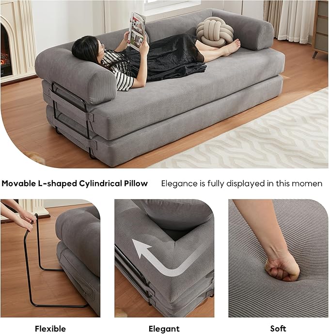 Convertible Sleeper Sofa Bed with Cylindrical Pillow, Corduroy Folding Mattress Couch with Fixed-Shape Frame, Floor Sofa Lounge Couch for Living Room Bedroom Lounge Studio-Grey