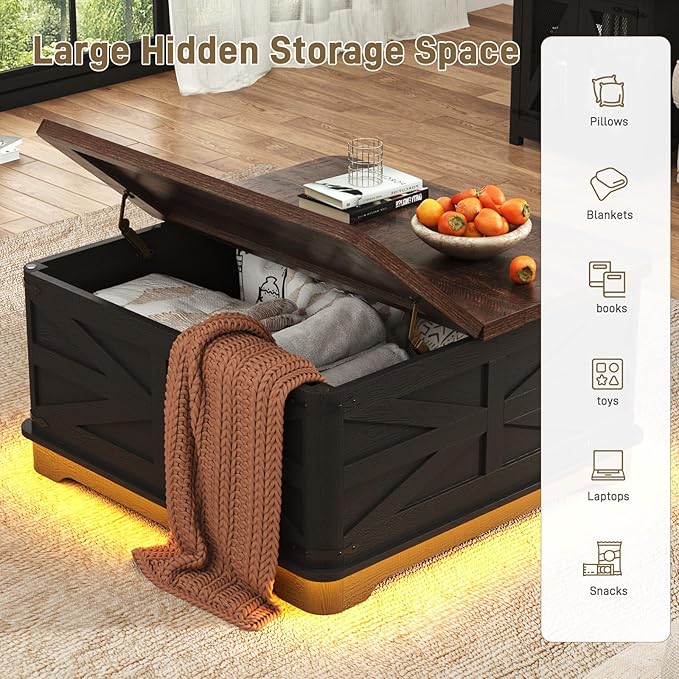 36" Farmhouse LED Lift Top Coffee Table with Storage and Power Outlets, Square Wood Living Room Tables with LED Lights & Large Hidden Space, Lift Wooden Barn Door Center Table, Black