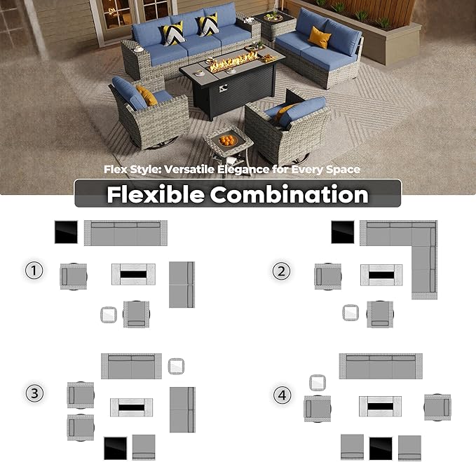 ovios 10 Pieces Patio Furniture Set, Outdoor Wicker Sectional Sofa with 54" Fire Pit Table Swivel Chairs, Modern Modular Deep Seat Rattan Couch Conversation Sets, Denim Blue