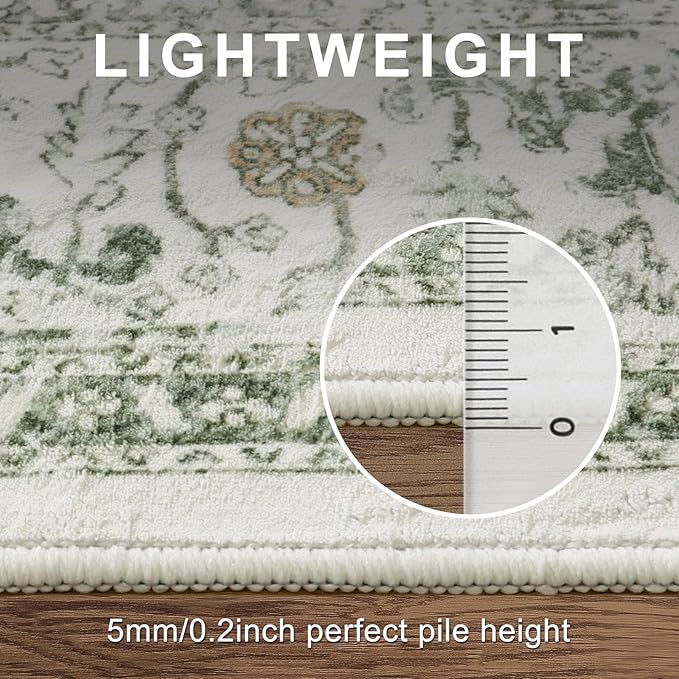 LIVEBOX Washable Area Rug 5x7 - Large Vintage Tribal Living Room Rug Vintage Non-Slip Indoor Rugs for Bedroom, Low-Pile Retro Carpet Print Distressed Accent Rugs for Nursery Entryway Office, Sage