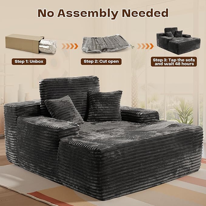 Chaise Lounge Chair Indoor, Oversized Sleeping Couch 67" L * 48.5" W Assembly Free Modern Minimalist Sofa, Extra Deep Large Single Seat Sofa for Living Room (Grey Plush Fabric)