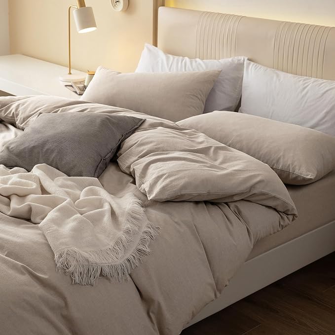 JIYUAN 100% Washed Cotton Duvet Cover Set 2 Pieces Twin, 1 Duvet Cover 68x90 Inches (Comforter Not Included) and 1 Pillowcases,Linen Feel Bedding Set Comfy and Breathable, Heathered Tannish Linen Grey