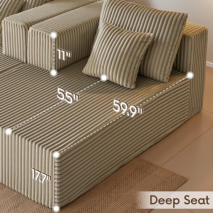 82" Oversized Chaise Lounge Chair, Corduroy Upholstered Sleeper Sofa with 4 Throw Pillows and Wide Armrest for Living Room, No Assembly Required Loveseat Couch, Foggy sage Green