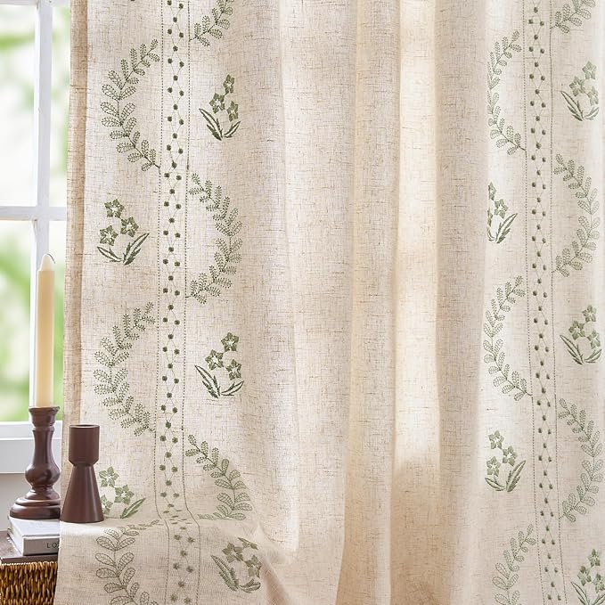 jinchan Belrose Lined Linen Blend Curtains Floral Curtains for Bedroom 84 Inch Length Sage Green Embroidered Drapes Rod Pocket Farmhouse Flower Drapes for Living Room Window Treatments Set 2 Panels
