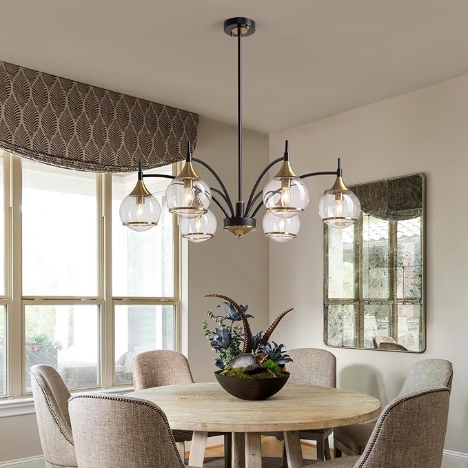 6 Light Modern Dining Room Light Fixtures Over Table 33.8" Black and Gold Chandelier with Globe Glass Bubble Shade Mid CenturySputnik Chandeliers for Dining Room，Living Room,Kitchen