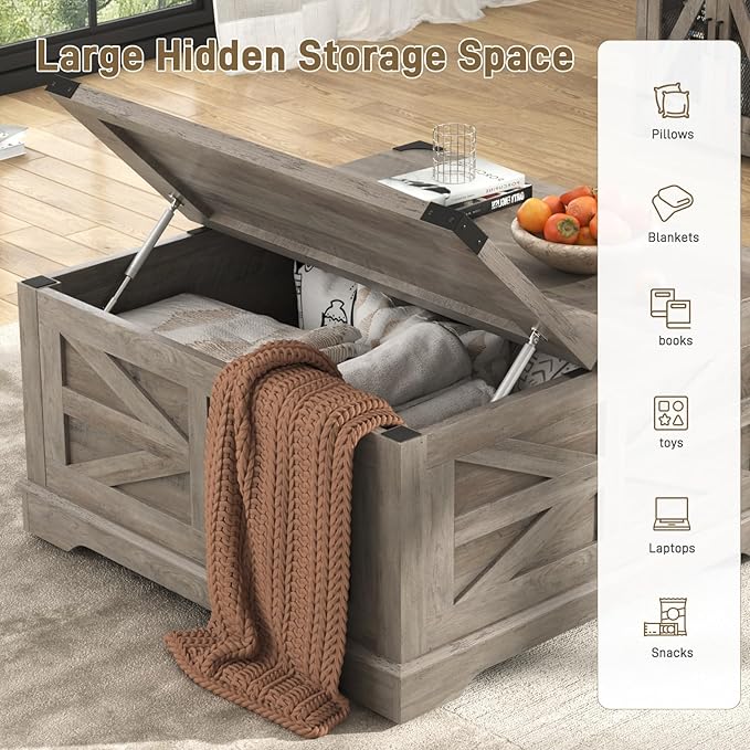 36" Farmhouse Movable Lift Top Coffee Table with Storage and Power Outlets, Square Wood Living Room Tables with Wheels&Large Hidden Space, Lift Wooden Barn Door Center Table, Grey