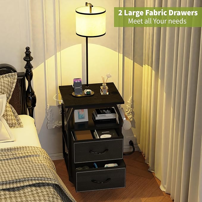 Floor Lamp with Table, End Tables with Lamps Attached 3-Color Temperature Bulb, Side Table with Lamp with 2 Drawers & Charging, Lamps Tables Combo for Bedroom, Dorm, Apartment - Black