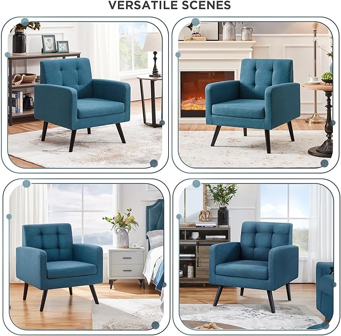 Yaheetech Mid-Century Accent Chairs, Modern Upholstered Living Room Chair, Cozy Armchair Button Tufted Back and Wood Legs for Bedroom/Office/Cafe, Navy Blue