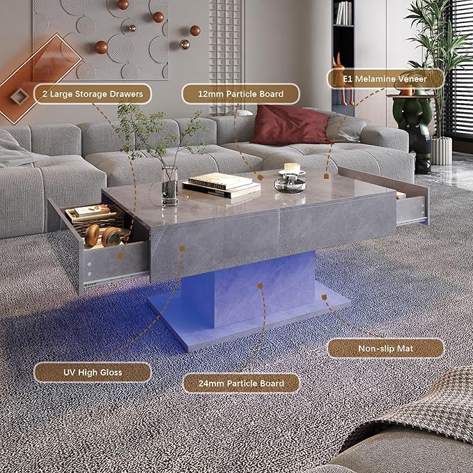 Grey Led Coffee Table with 2 Storage Drawers for Living Room, Living Room Table Rectangular Center Table, Modern High Glossy Wooden Coffee Tables with Lights for Dining Reception Room