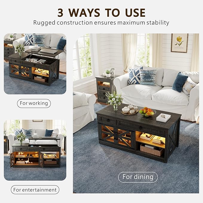 Lvifur 48" W Farmhouse Lift Top Coffee Table with LED Lights & Charging Station, Living Room Center Table with 2 Hidden Storage Compartments, Lifting Tabletop and Adjustable Shelf (Dark Rustic Oak)