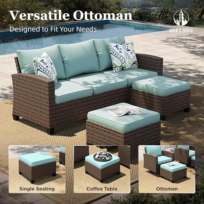 HERA'S HOUSE Swivel Glider Patio Furniture Set, 5 Pieces Outdoor Seating Furniture Sets, 3-Seat Wicker Sofa with Ottomans, All Cushioned Patio Conversation Sets for Backyard Deck, Blue
